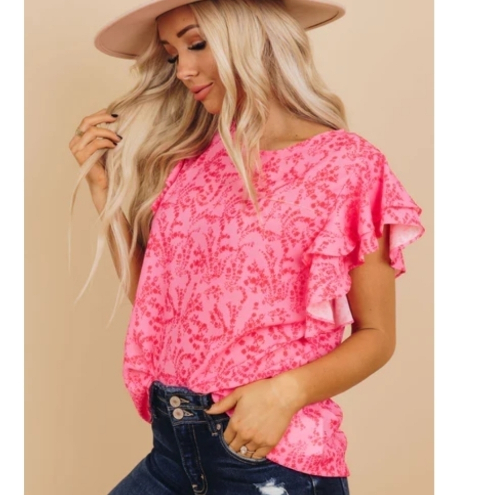 NWOT Pink Ruffled Sleeve Top Size  XLARGE - Picture 4 of 11